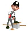The 3D boy with a hacksaw on a tree.