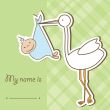 Baby arrival card with stork that brings a cute boy