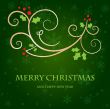 Christmas background with holly berry leaves on dark green background