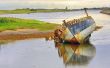 boat wreck lying on the shore of lake