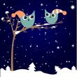 simple card illustration of two funny cartoon owls with christmas hats on a branch