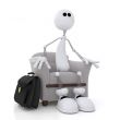 The little white man sits in a chair.