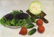 Lettuce, dill, onions and vegetables: tomatoes, cucumbers, cabba