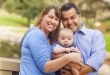 Happy Mixed Race Family Posing for A Portrait Outside