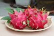 dragon fruits in basket on wooden desk