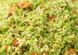 Green rice with shrimp close-up 
