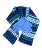 patterned scarf and blue gloves