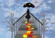 Girl with umbrella walking on the pier and falling maple leaves