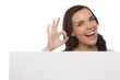 Smiling Mixed Race Female Holding Blank Sign on White