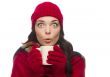 Wide Eyed Mixed Race Woman Wearing Winter Gloves Holds Mug 