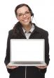Mixed Race Businesswoman Wearing Headset Holds Computer With Bla