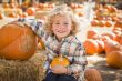 Little Boy Sitting and Holding His Pumpkin at Pumpkin Patch