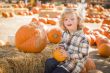 Little Boy Sitting and Holding His Pumpkin at Pumpkin Patch
