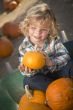 Little Boy Sitting and Holding His Pumpkin at Pumpkin Patch
