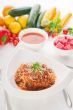 spaghetti with bolognese sauce with gazpacho soup and fresh vege