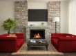 Modern interior with red sofas and fireplace