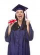 Female Graduate Holding Stack of Gift Wrapped Hundred Dollar Bil