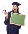 Female Graduate in Cap and Gown Holding Diploma,Blank Chalkboar