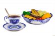 Cup of tea, cakes, sweets, fruit bowl, painted in the style of t