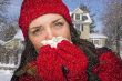 Sick Woman In Snow Blowing Her Sore Nose With Tissue