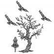 Girl eating under a tree in the style of tattoos