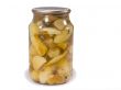 Canned mushrooms in a glass jar on a white background.