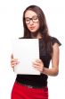 Office girl holding empty paper blank template