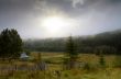 Foggy summer morning in the mountains. Carpathian, Ukraine,