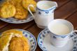 homemade cheese pancake and a cup of warm milk