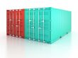 Bright red and blue metal freight shipping containers on white b