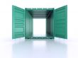 Bright green open empty metal shipping container on white backgr