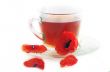 Poppy in glass cup on white table 