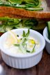 fresh vegetarian sandwich with garlic cheese dip salad