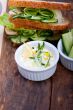 fresh vegetarian sandwich with garlic cheese dip salad