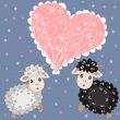 Christmas card with cute sheep and heart 