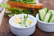 fresh vegetarian sandwich with garlic cheese dip salad