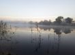 Foggy morning landscape in the autumn park near the lake. Vintag
