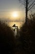 Foggy morning landscape in the autumn park near the lake. Vintag