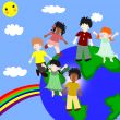 Children of different races on a green planet