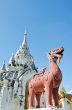Red Lion statue at Wat Phra That Hariphunchai 
