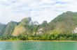 Beautiful high mountains and green lake
