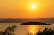 High angle view beautiful lake and island at sunset