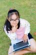 Lovely girl with a laptop on the grass