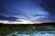 Panorama of an abandoned stone pit in winter 