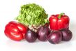 Two large red paprikas, red onions and bunch of fresh salad