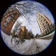 Winter city landscape of by fisheye view