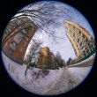 Winter city landscape of by fisheye view