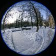 Winter city landscape of by fisheye view