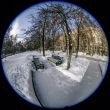Winter city landscape of by fisheye view