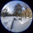 Winter city landscape of by fisheye view